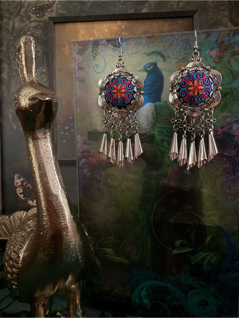 Boho Silver Filigree Dangle Earrings with Blue & Pink Embroidered Medallions